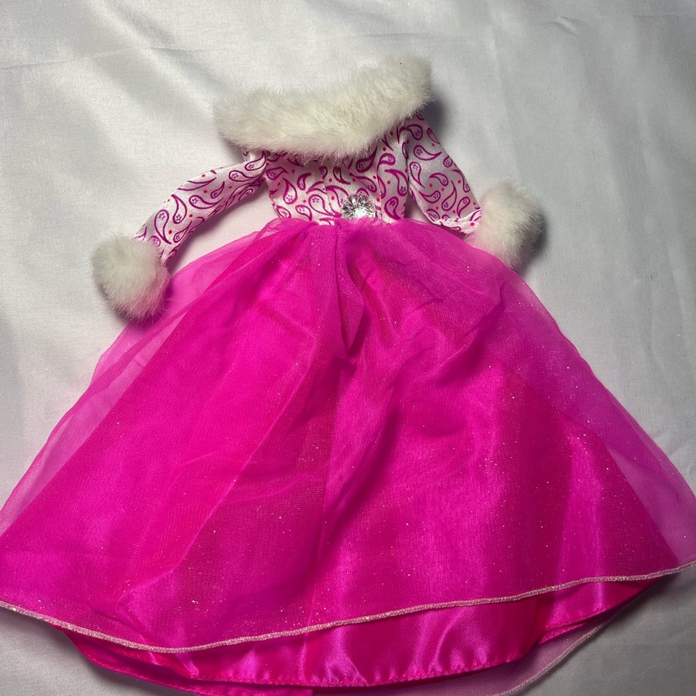 Vtg 90s Barbie Fashion Avenue Pink Fur Trim Formal Dress Evening Gown Rhinestone